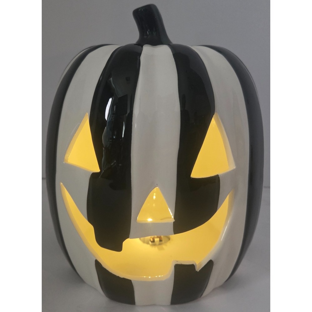 Jack O Lantern Lane Light Up Pumpkin 8.5 Inch Black White Striped Halloween